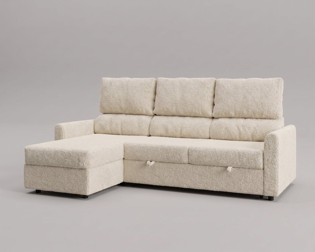 Sofá cama chaislongue almacenamiento 3 plazas reclinable modelo Duo tapizado en tela Nube color blanco - La Siesta