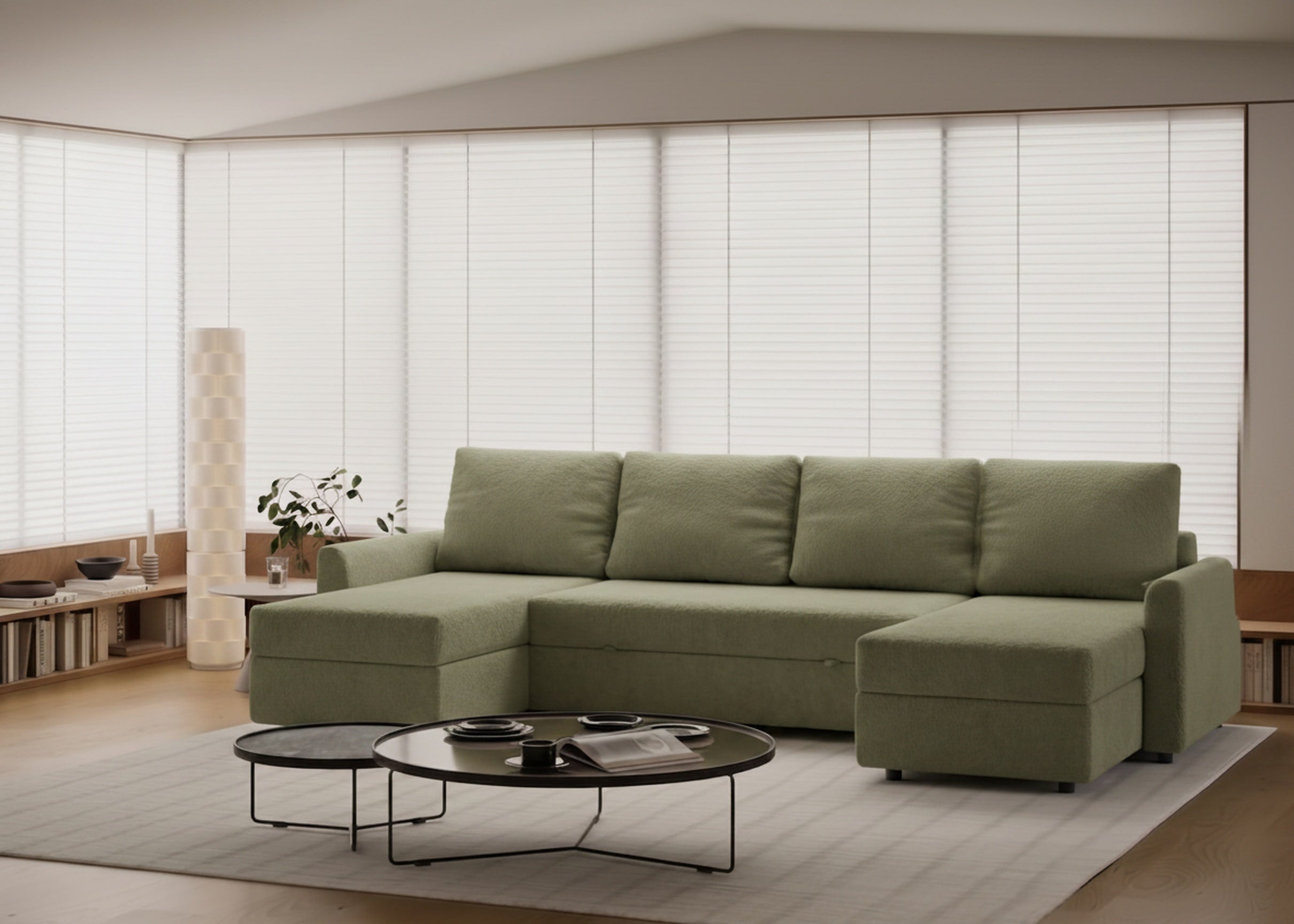 Sofá cama chaislongue panorámica  modelo Otto tapizao en tela Nube color verde - La Siesta