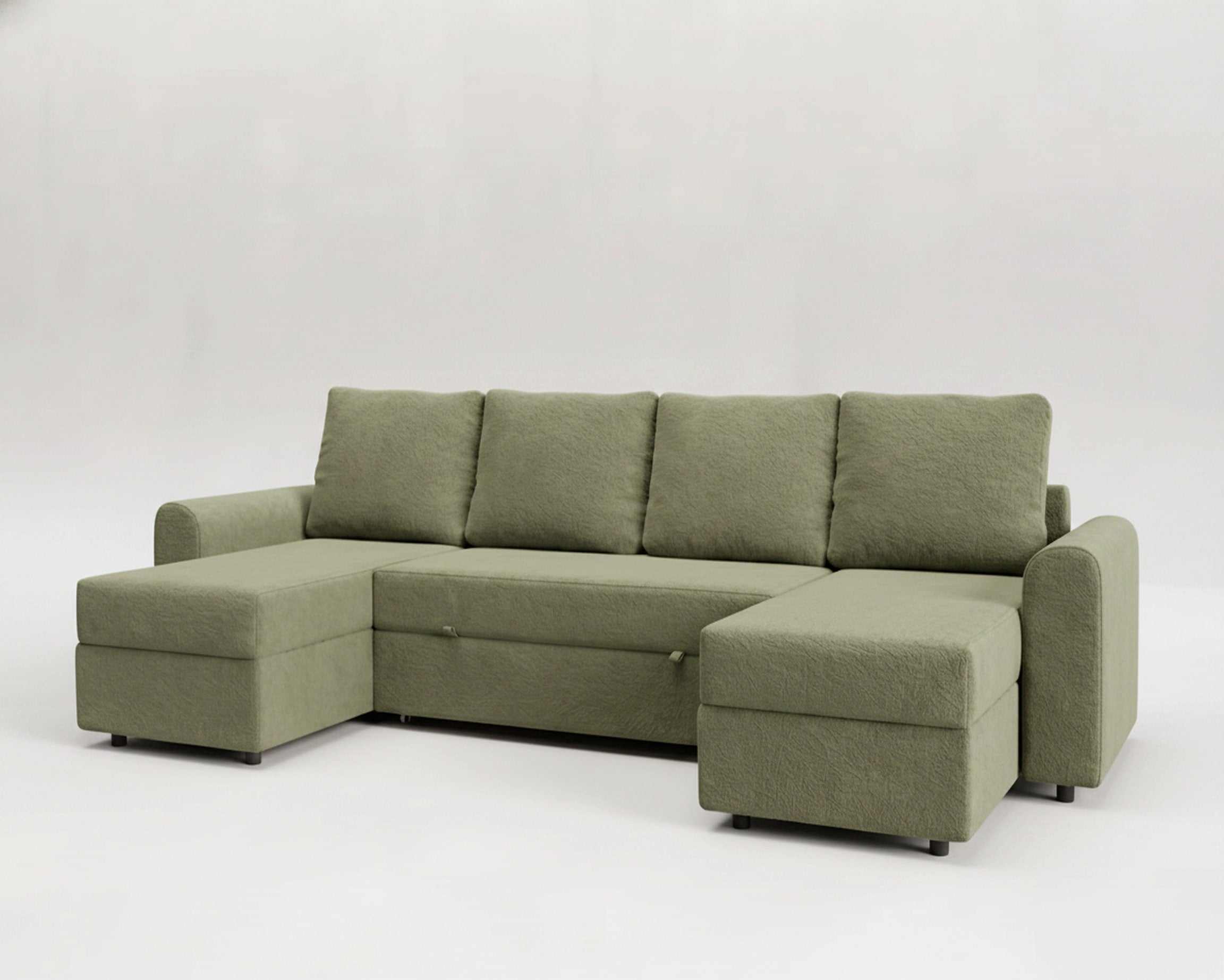 Sofá cama 4 plazas con chaislongue panorámica y doble almacenamiento modelo Nove tapizado en Nube color verde - La Siesta