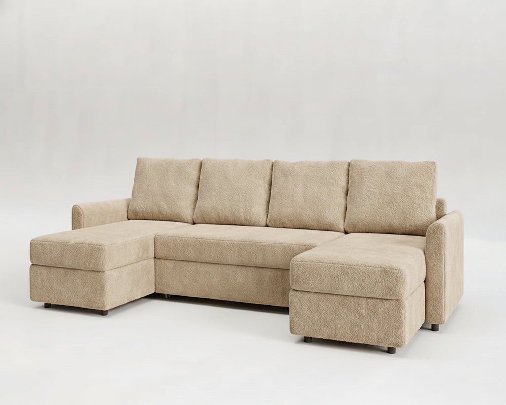 Sofá cama 4 plazas con chaislongue panorámica y doble almacenamiento modelo Otto tapizado en tela Nube color beige - La Siesta
