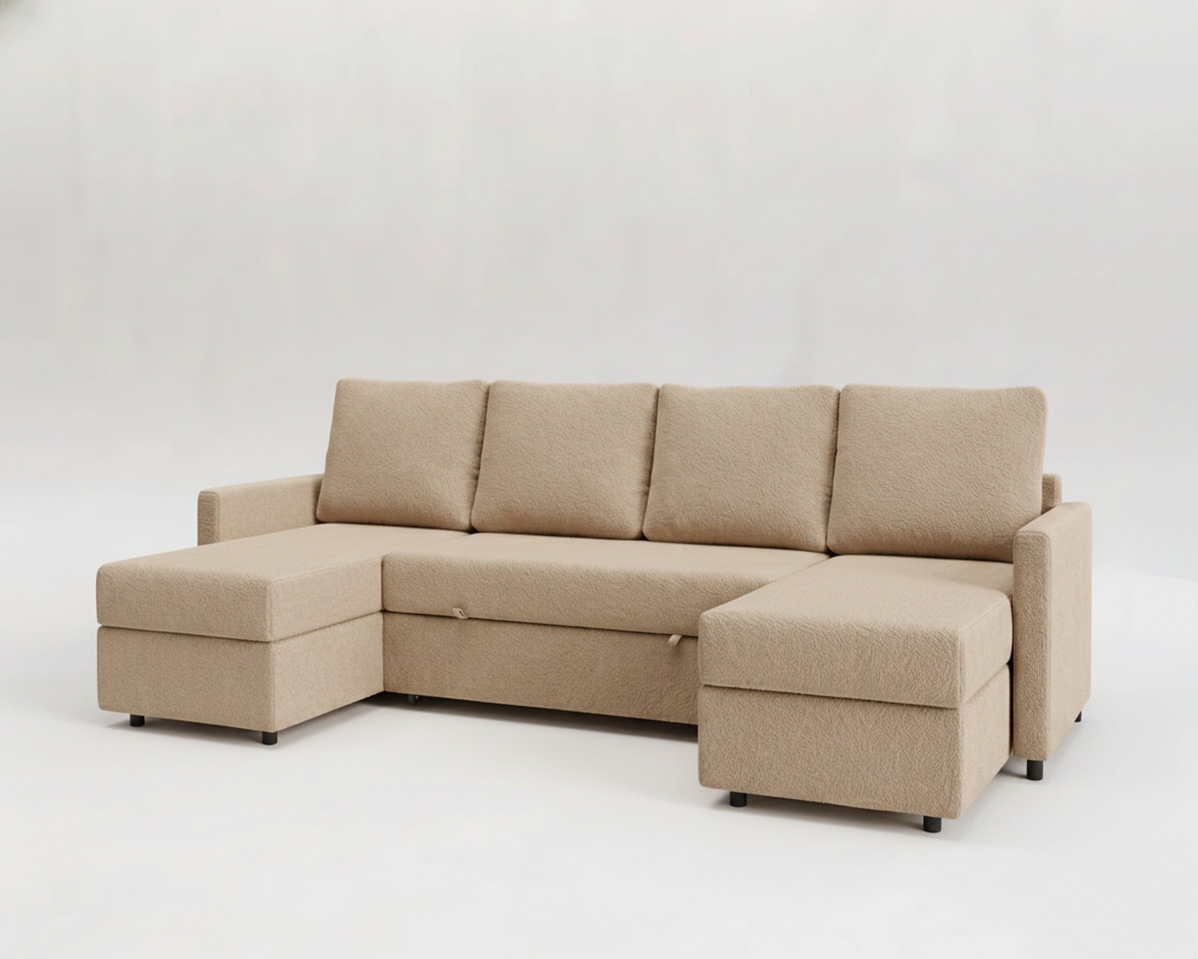 Sofá cama 4 plazas con chailongue y panorámica doble almacenamiento modelo Sette tapizado con tela Nube color beige - La Siesta