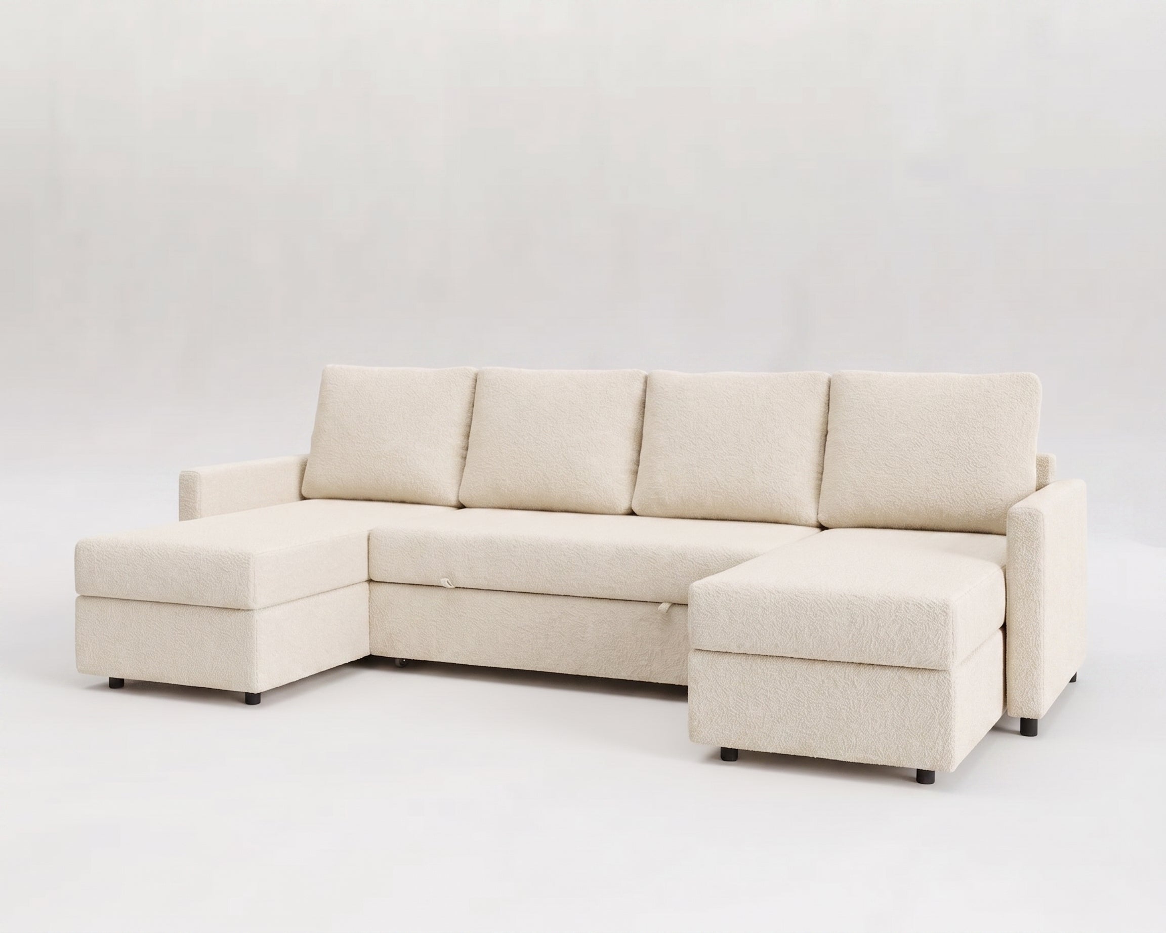 Sofá cama 4 plazas con chaislongue panorámica y doble almacenamiento modelo Sette tapizado en tela Nube color blanco - La Siesta