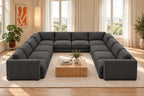 Sofá modular rinconero en U, composición U-3-2-3, tapizado en tela entrelazada gris, en un salón luminoso con madera clara y tonos naturales.