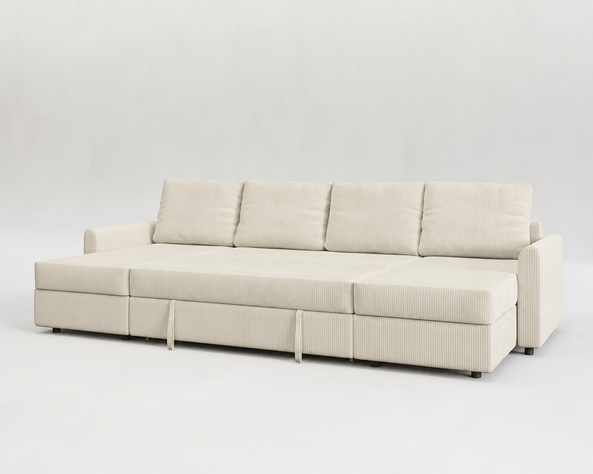 Otto| Sofá cama con chaislongue panorámica y doble almacenamiento