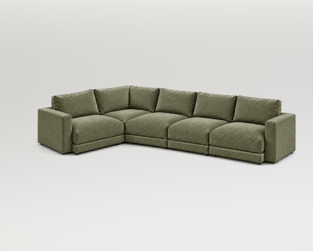 Sofá modular rinconero en L, composición L-1-3, nube verde, 5 módulos incluidas las rinconeras