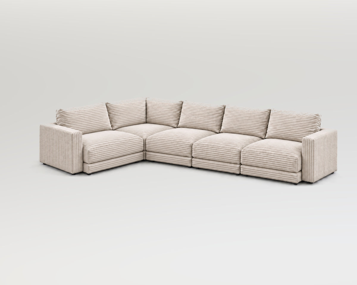 Sofá modular rinconero en L, composición L-1-3, pana gruesa blanca, 5 módulos incluidas las rinconeras