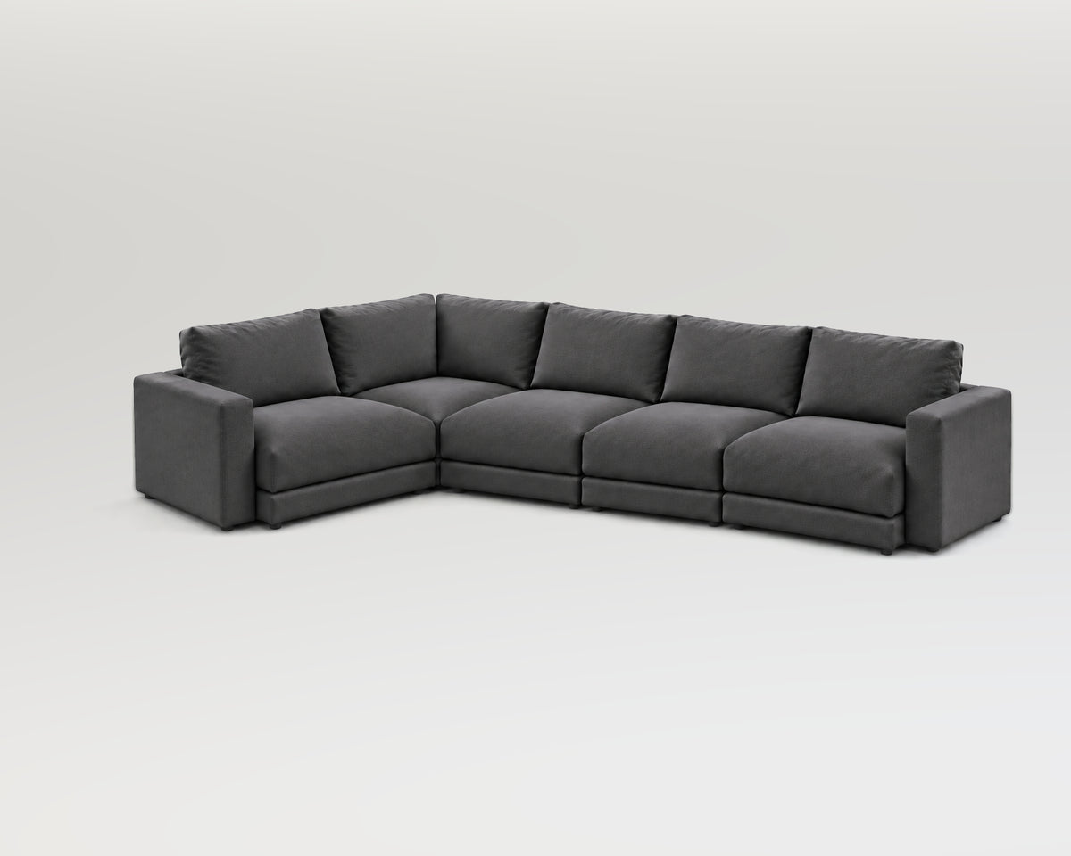 Sofá modular rinconero en L, composición L-1-3, tela entrelazada gris, 5 módulos incluidas las rinconeras