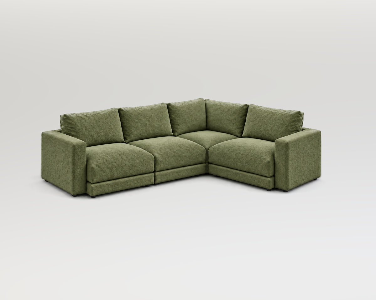 Sofá modular rinconero en L, composición L-2-1, nube verde, 4 módulos incluidas las rinconeras