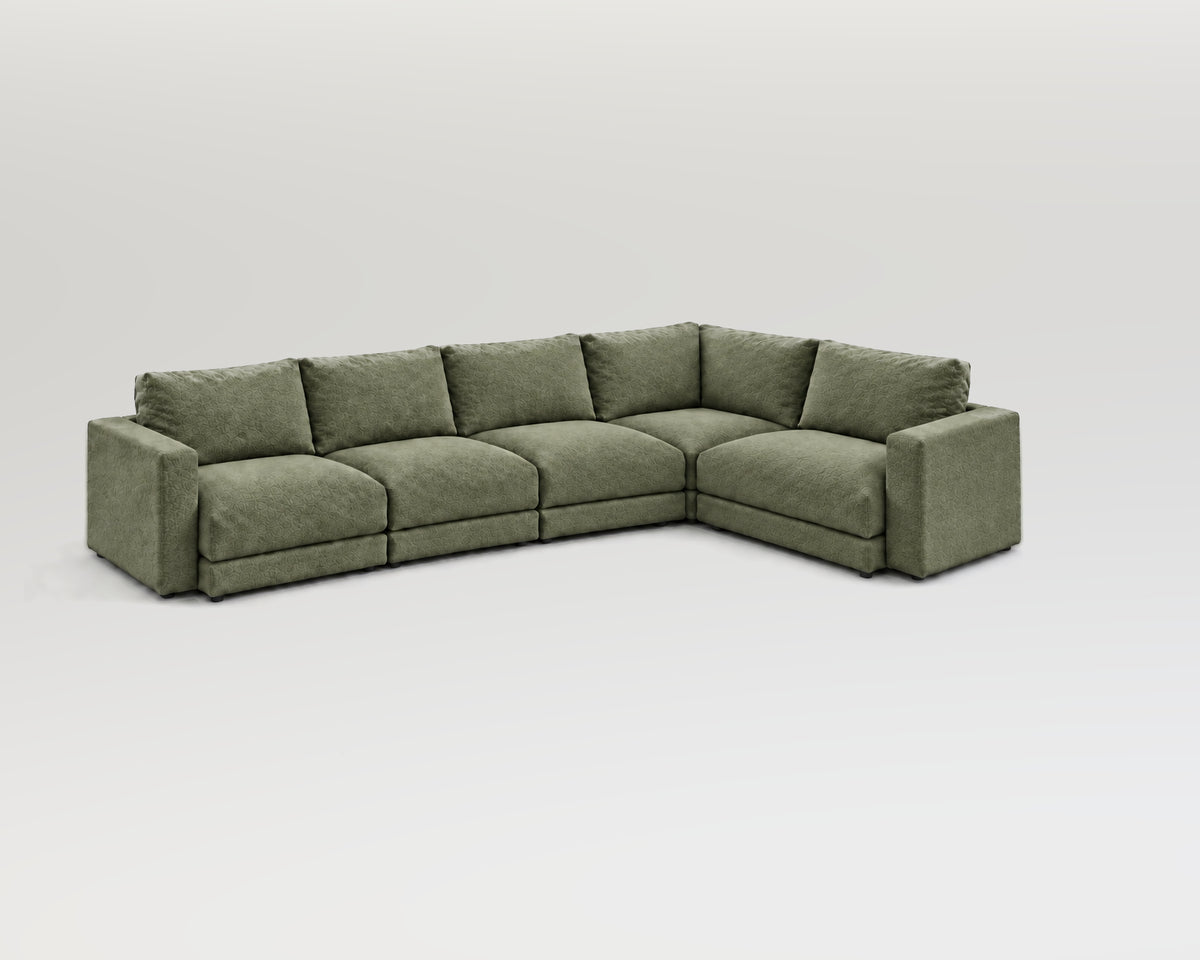 Sofá modular rinconero en L, composición L-3-1, nube verde, 5 módulos incluidas las rinconeras