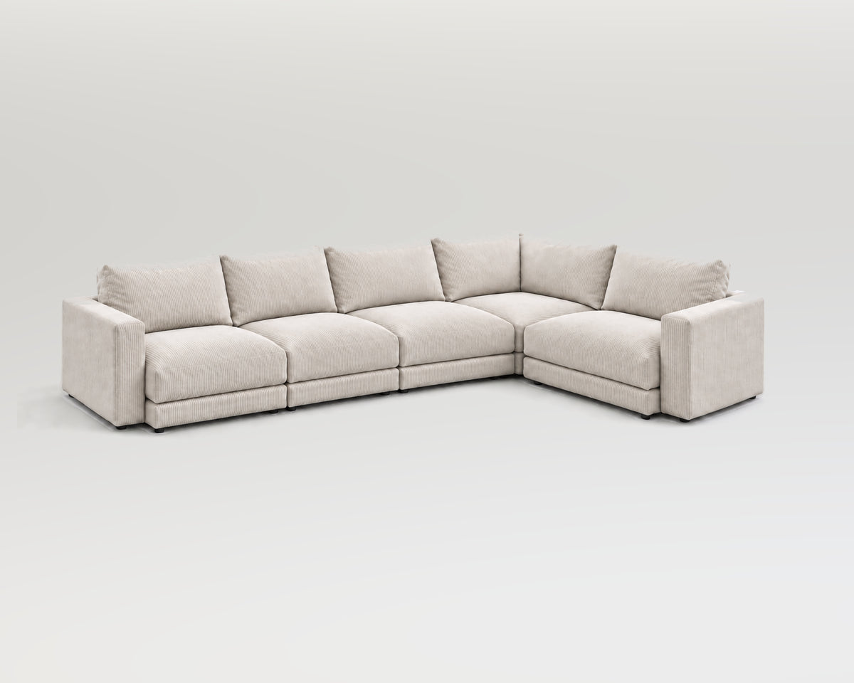 Sofá modular rinconero en L, composición L-3-1, pana fina blanca, 5 módulos incluidas las rinconeras