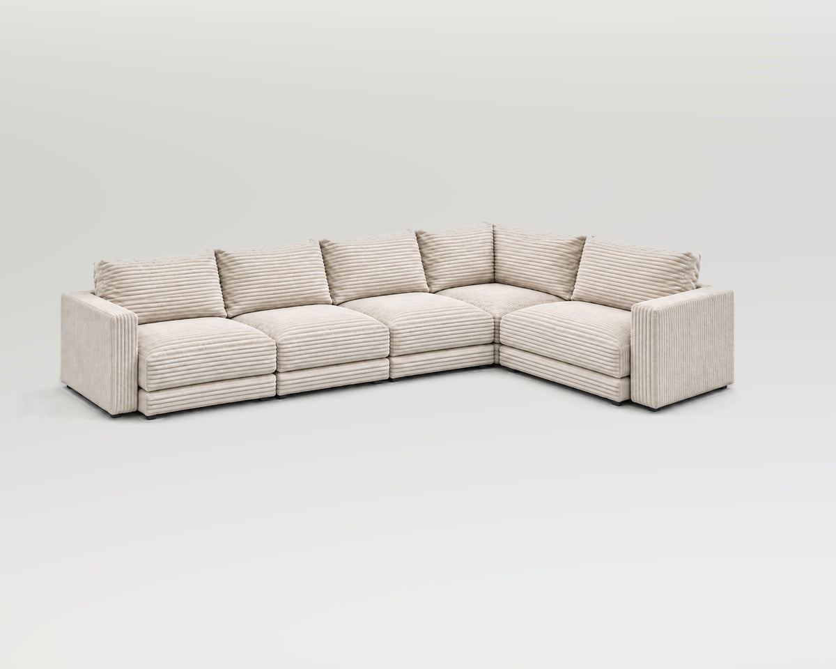 Sofá modular rinconero en L, composición L-3-1, pana gruesa blanca, 5 módulos incluidas las rinconeras