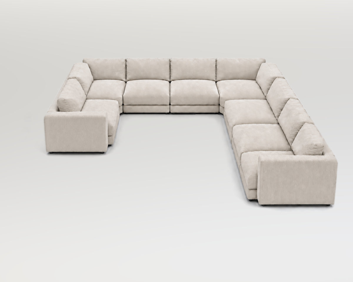 Sofá modular rinconero en U, composición U-1-2-3, pana fina blanca, 8 módulos incluidas las rinconeras