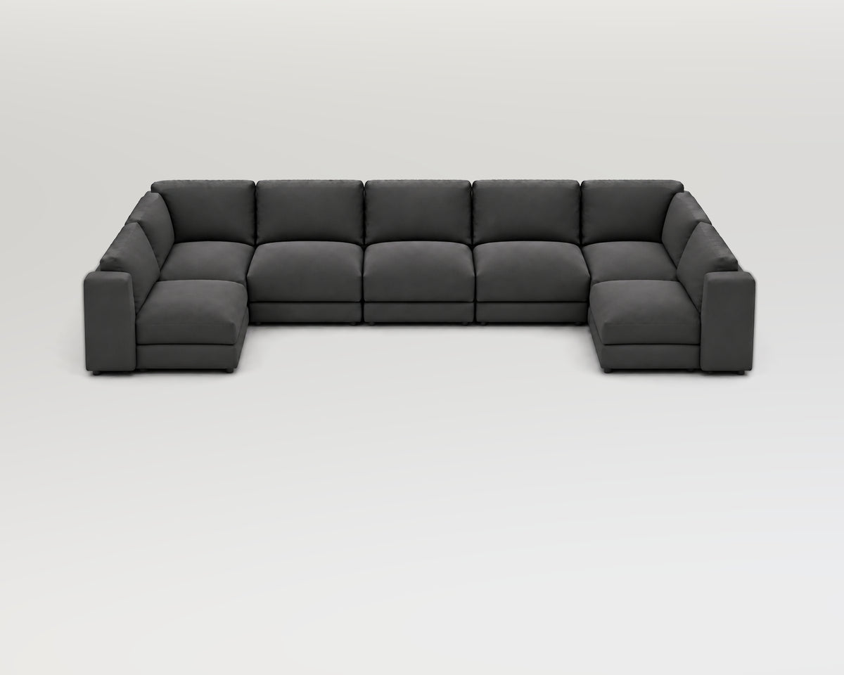 Sofá modular rinconero en U, composición U-1-3-1, tela entrelazada gris, 7 módulos incluidas las rinconeras