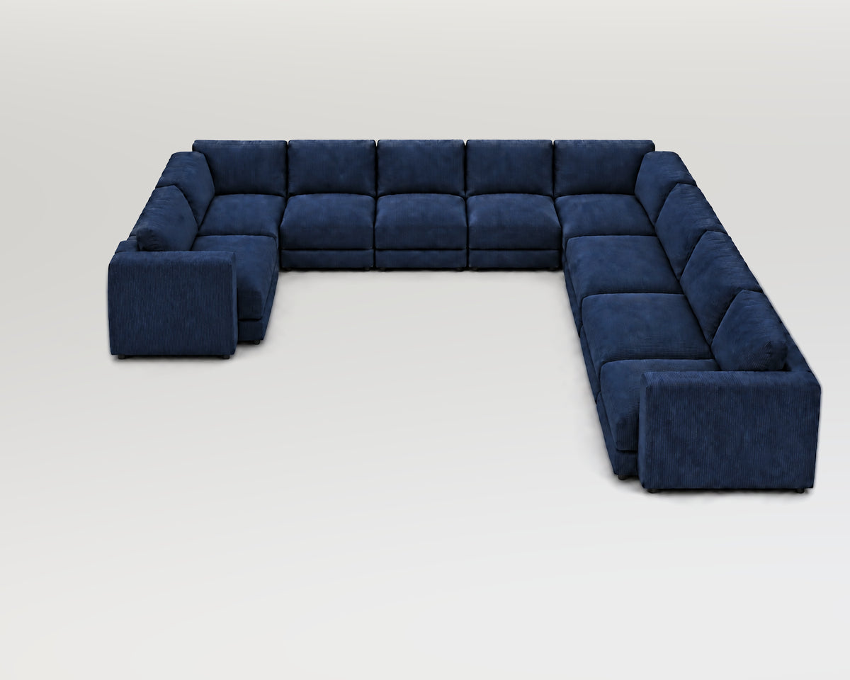 Sofá modular rinconero en U, composición U-1-3-3, pana fina azul, 9 módulos incluidas las rinconeras
