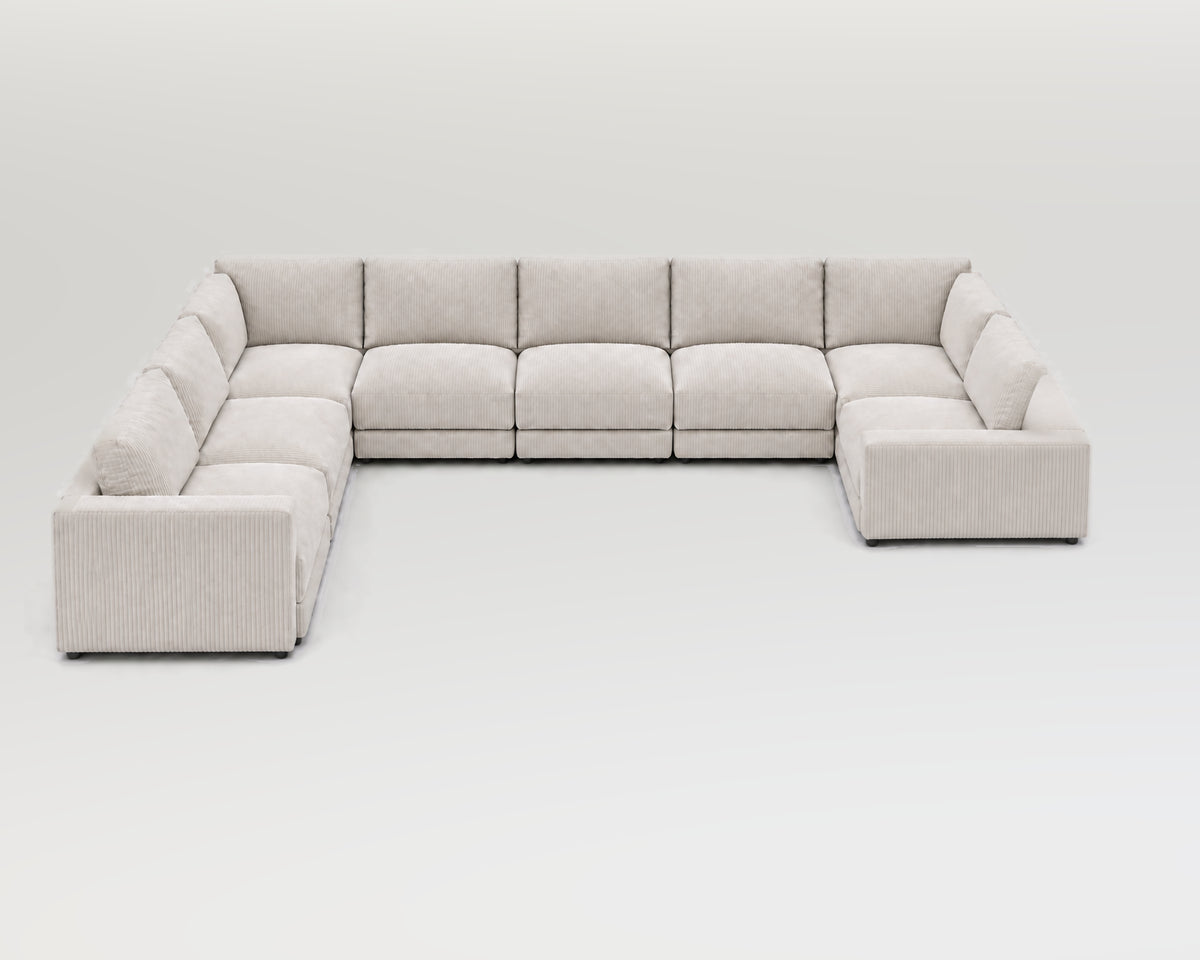 Sofá modular rinconero en U, composición U-2-3-1, pana fina blanca, 8 módulos incluidas las rinconeras