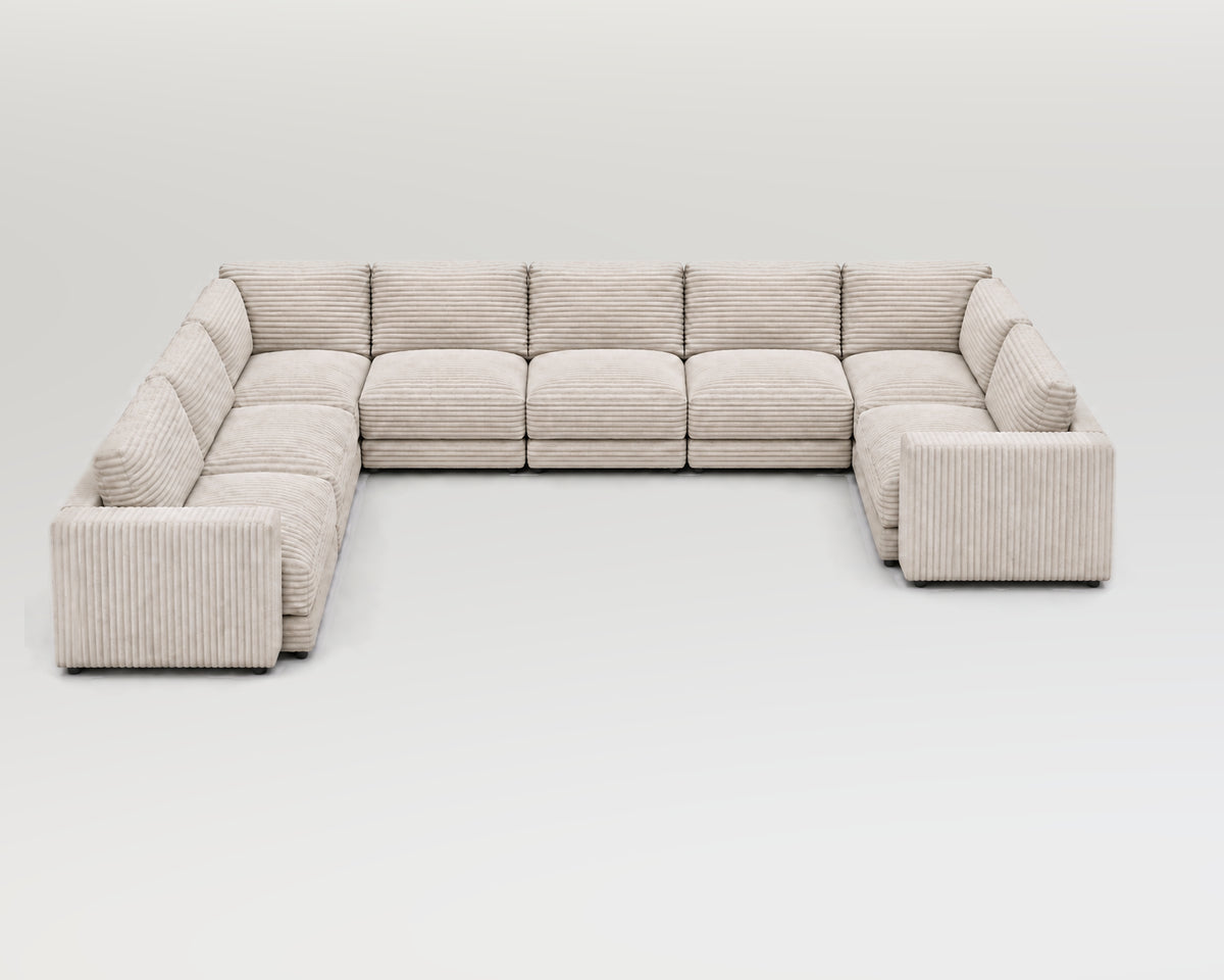 Sofá modular rinconero en U, composición U-2-3-1, pana gruesa blanca, 8 módulos incluidas las rinconeras