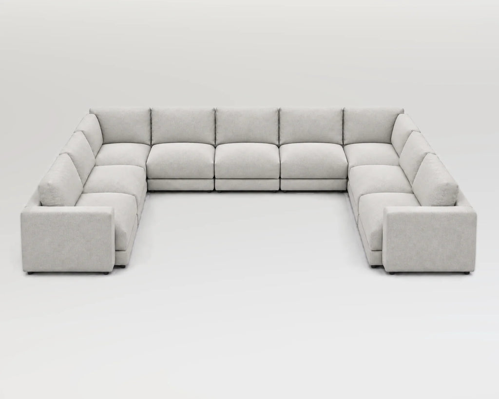 Sofá modular rinconero en U, U-2-3-2, tela entrelazada blanca
