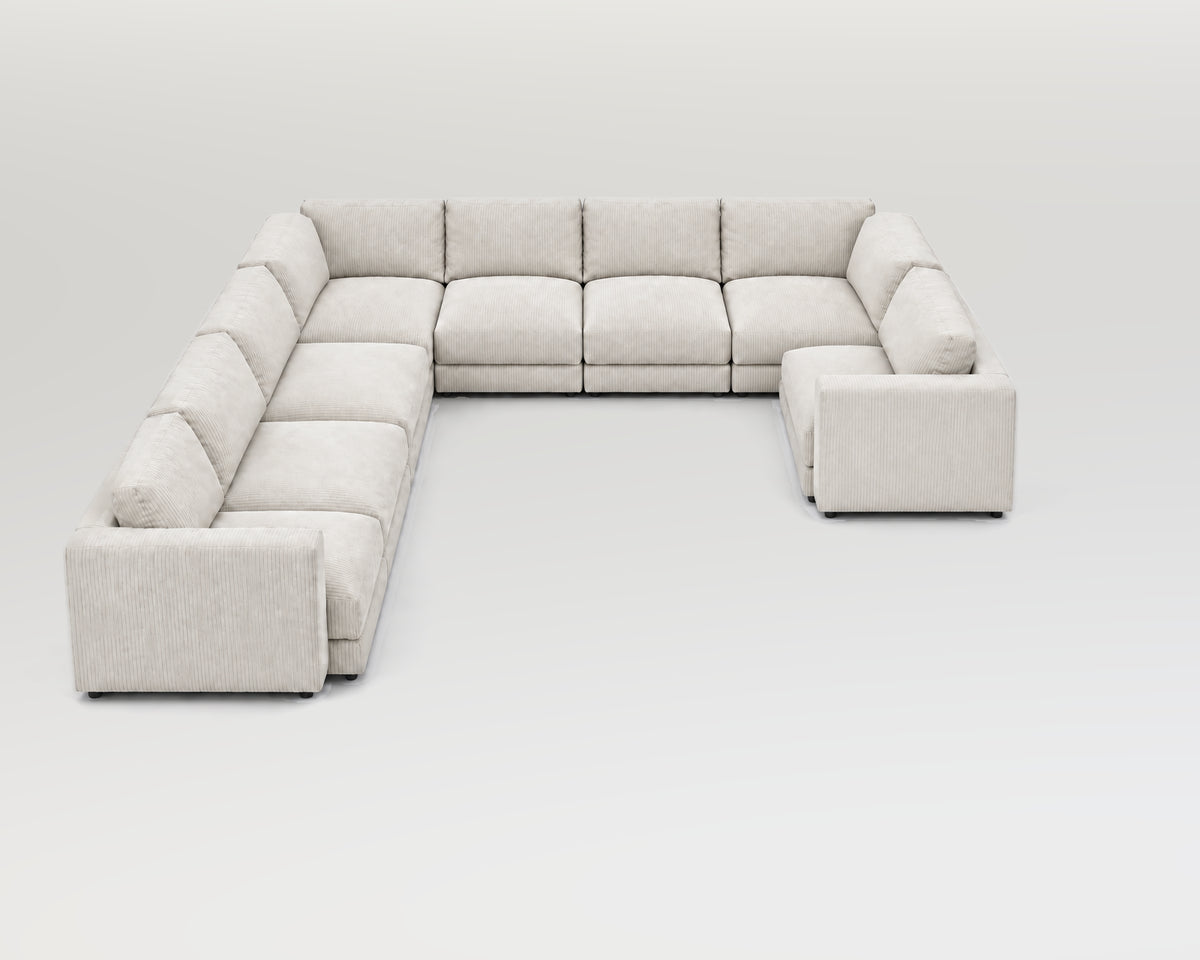 Sofá modular rinconero en U, composición U-3-2-1, pana fina blanca, 8 módulos incluidas las rinconeras