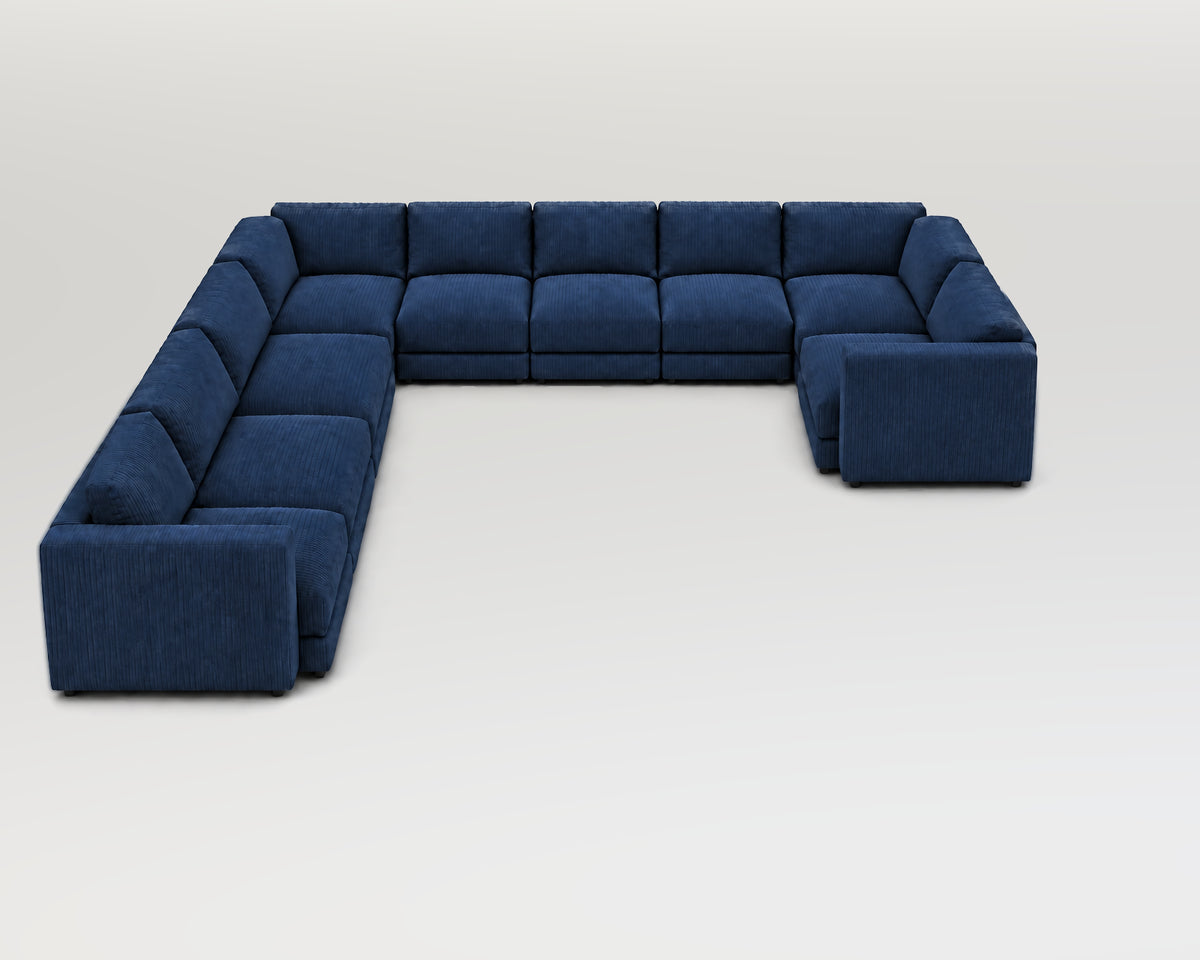 Sofá modular rinconero en U, composición U-3-3-1, pana fina azul, 9 módulos incluidas las rinconeras
