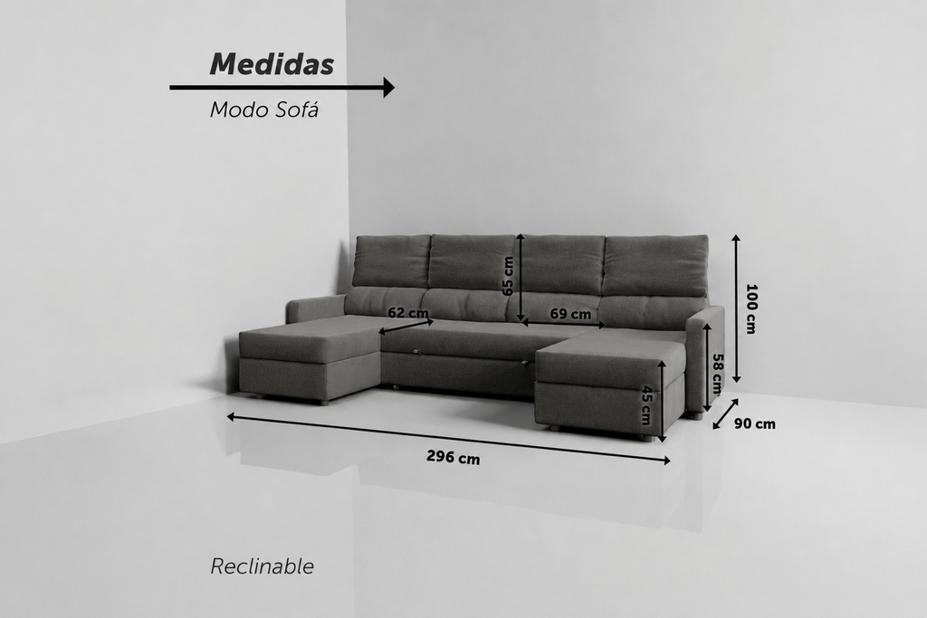 Sette | Sofá cama con chaislongue panorámica y doble almacenamiento
