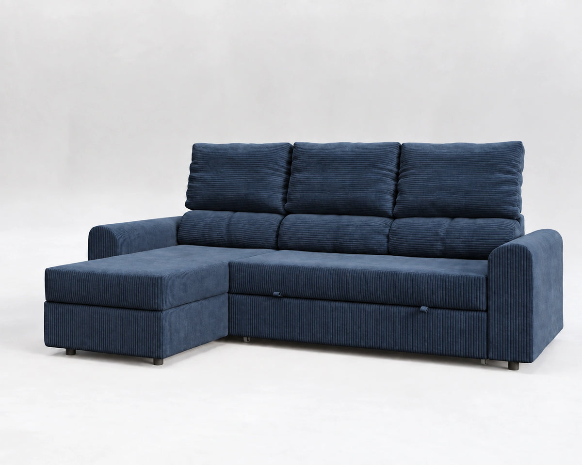 TRIA sofá cama rinconero reclinable cerrado – Pana azul