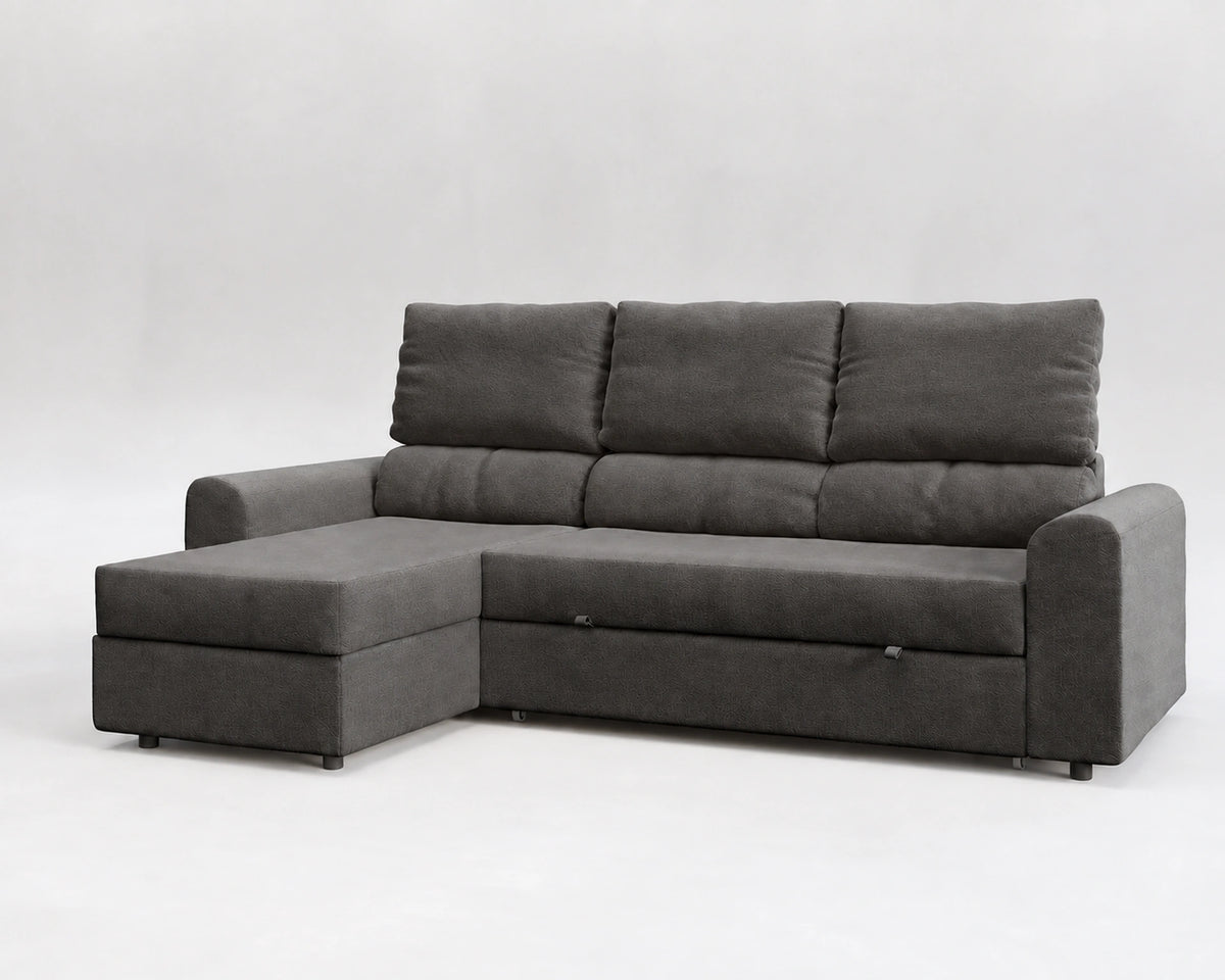 Sofá Tria, tela entrelazada gris, respaldo reclinable, cerrado