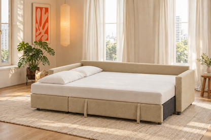 Unum convertido en cama, con sábana bajera y dos almohadas, en un salón.