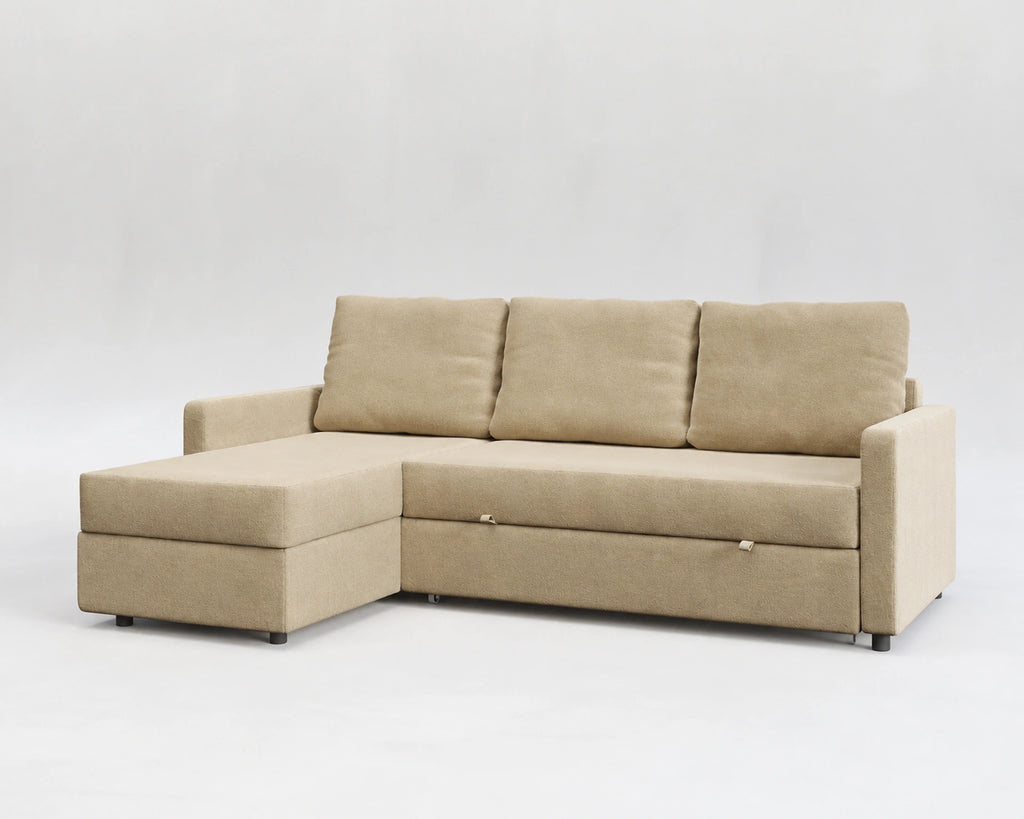 Sofá Unum, tela entrelazada beige, respaldo normal, cerrado